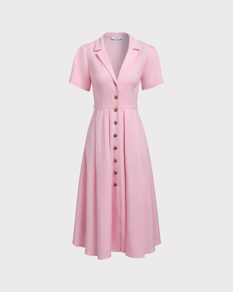 Pink V Neck Pleated Button Midi Dress