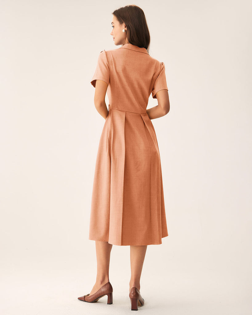 Orange V Neck Pleated Button Midi Dress