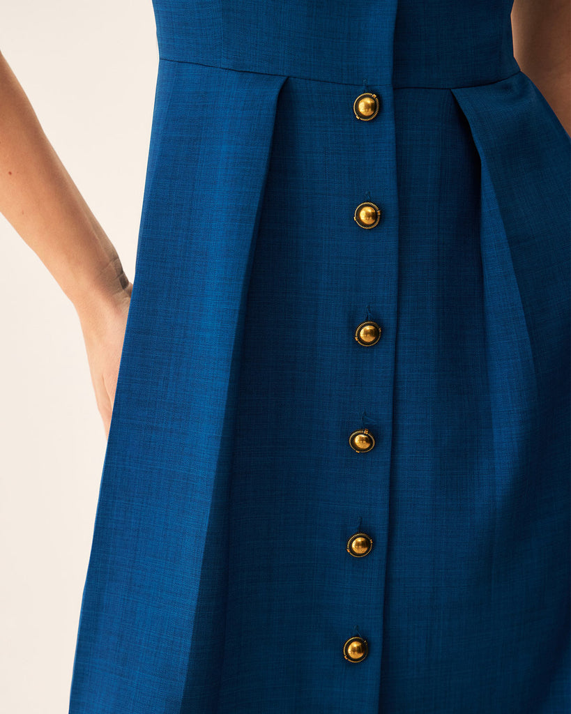 Blue V Neck Pleated Button Midi Dress