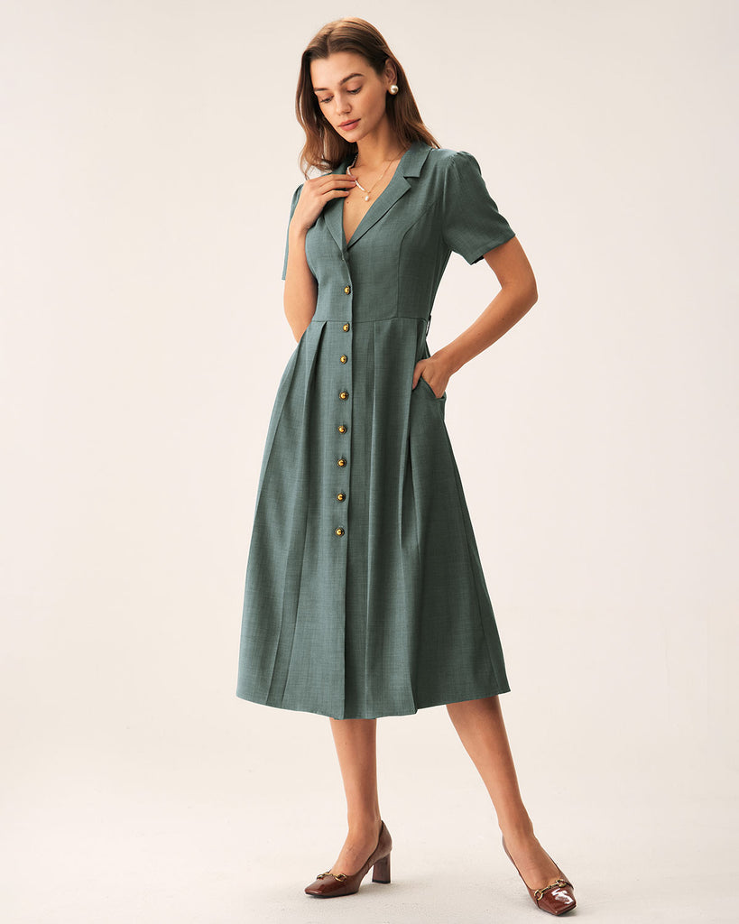 Green V Neck Pleated Button Midi Dress