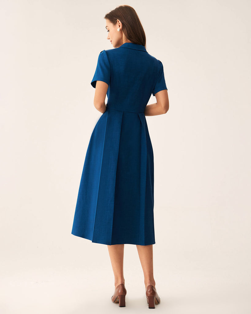 Blue V Neck Pleated Button Midi Dress