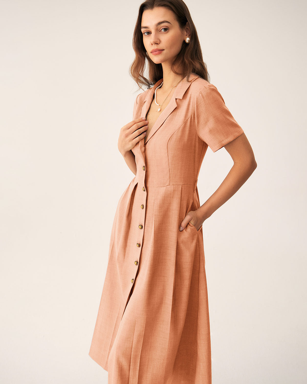 Orange V Neck Pleated Button Midi Dress