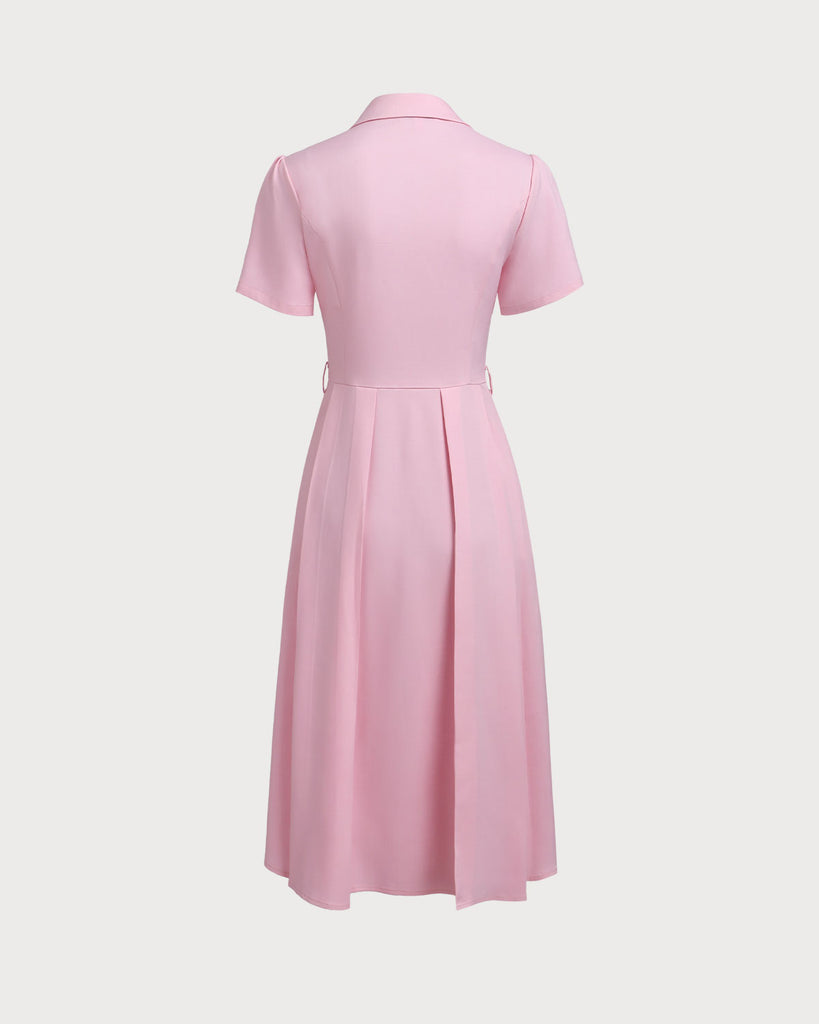 Pink V Neck Pleated Button Midi Dress