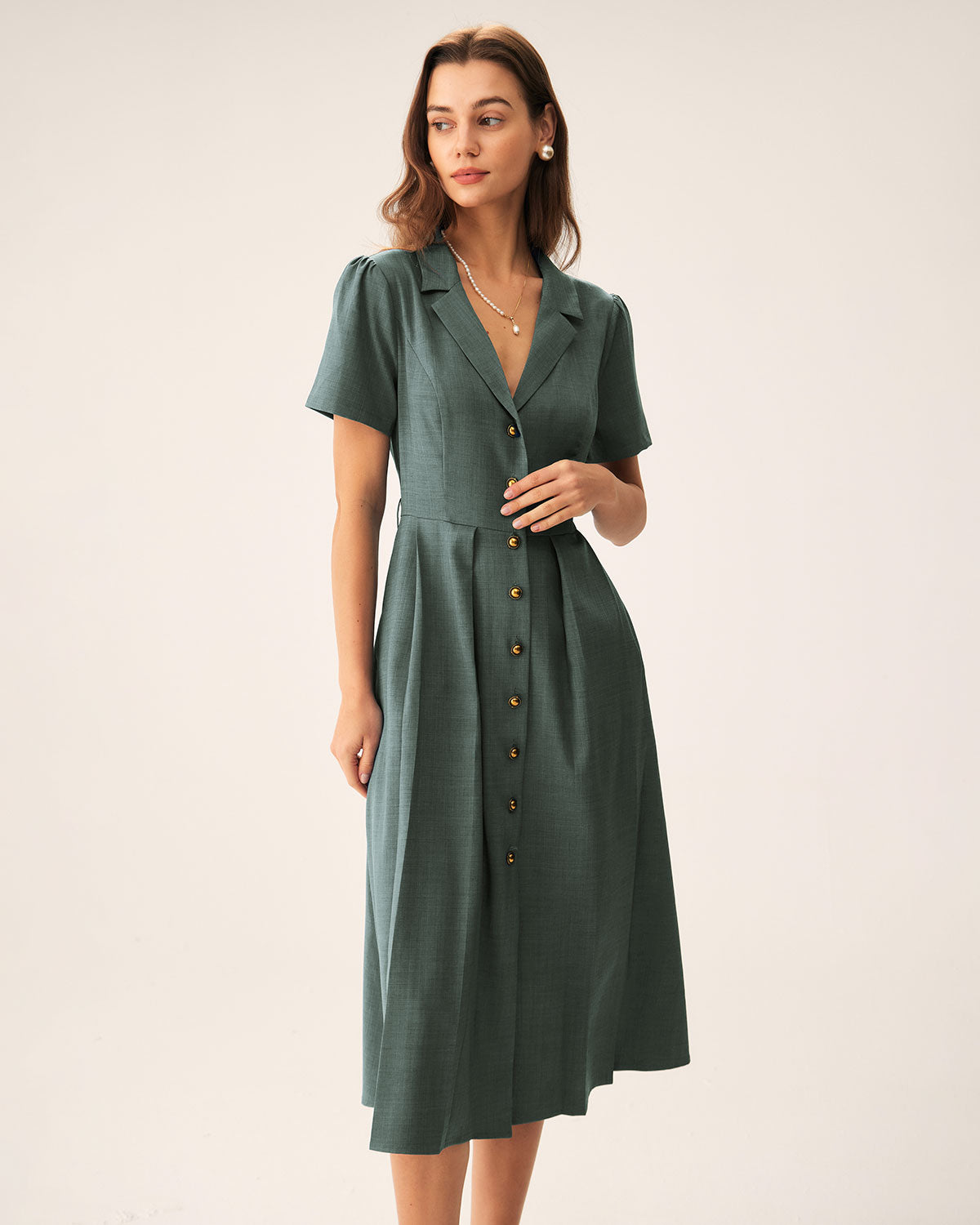 Green V Neck Pleated Button Midi Dress