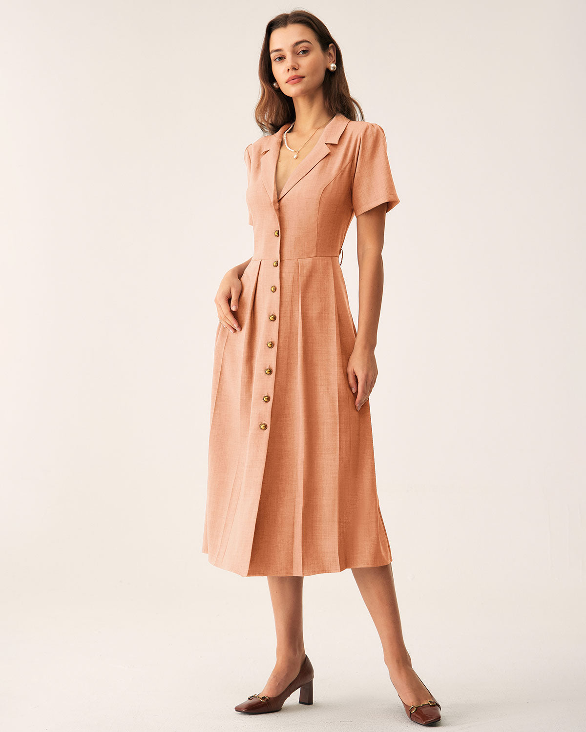 Orange V Neck Pleated Button Midi Dress