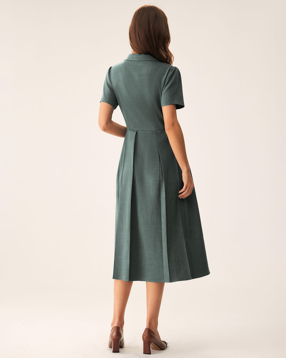 Green V Neck Pleated Button Midi Dress