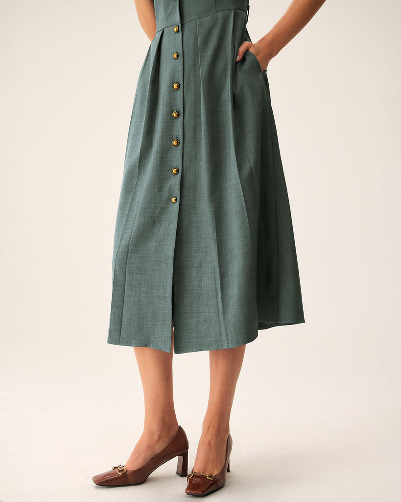 Green V Neck Pleated Button Midi Dress