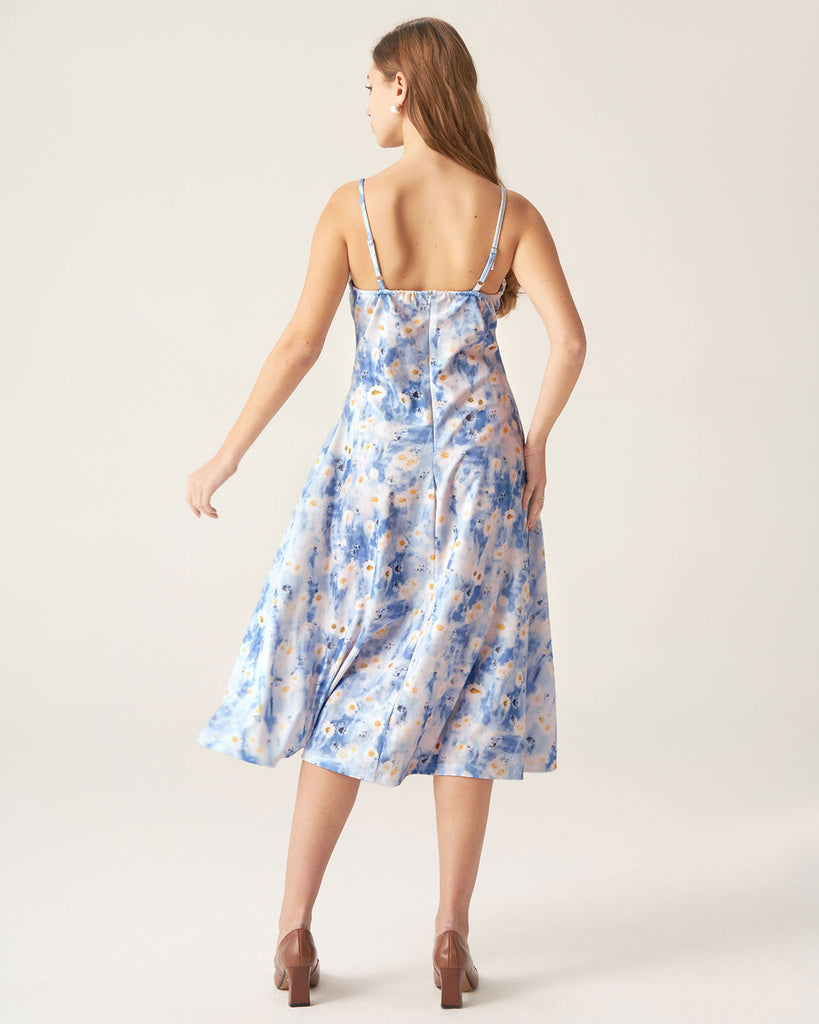 Blue Floral Sweetheart Neck Midi Dress