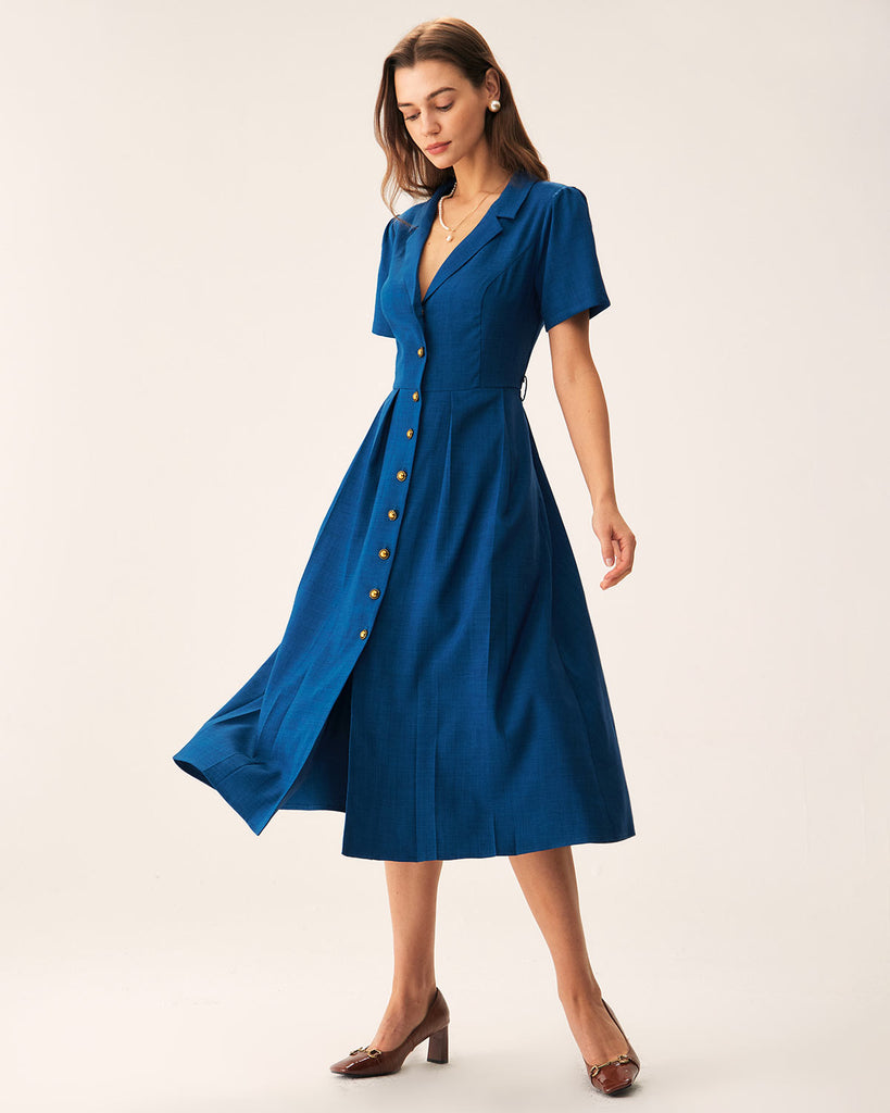 Blue V Neck Pleated Button Midi Dress