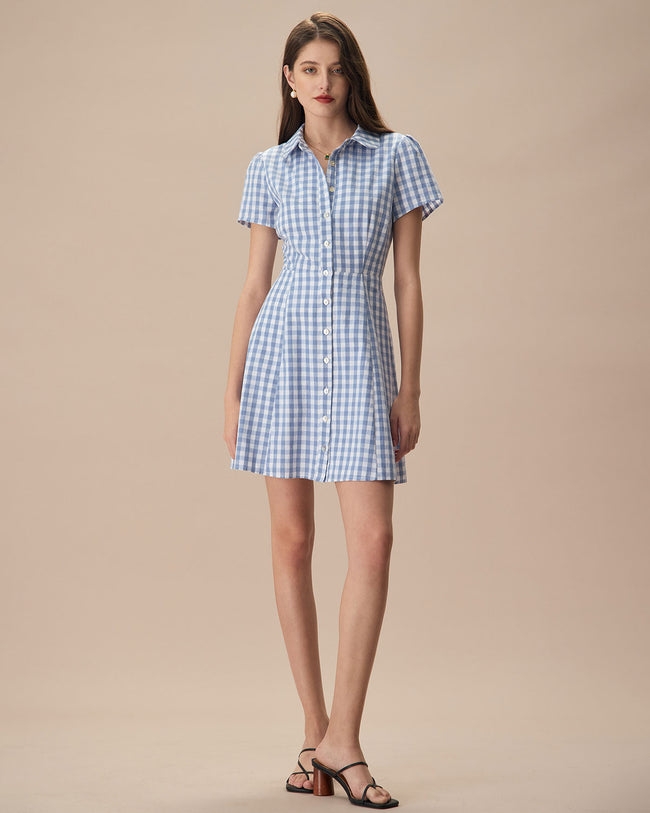 Women s Blue Plaid Lapel Cotton Mini Dress