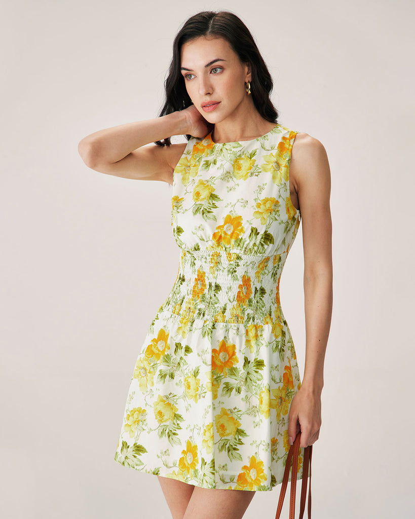 Green Floral Boat Neck Mini Dress