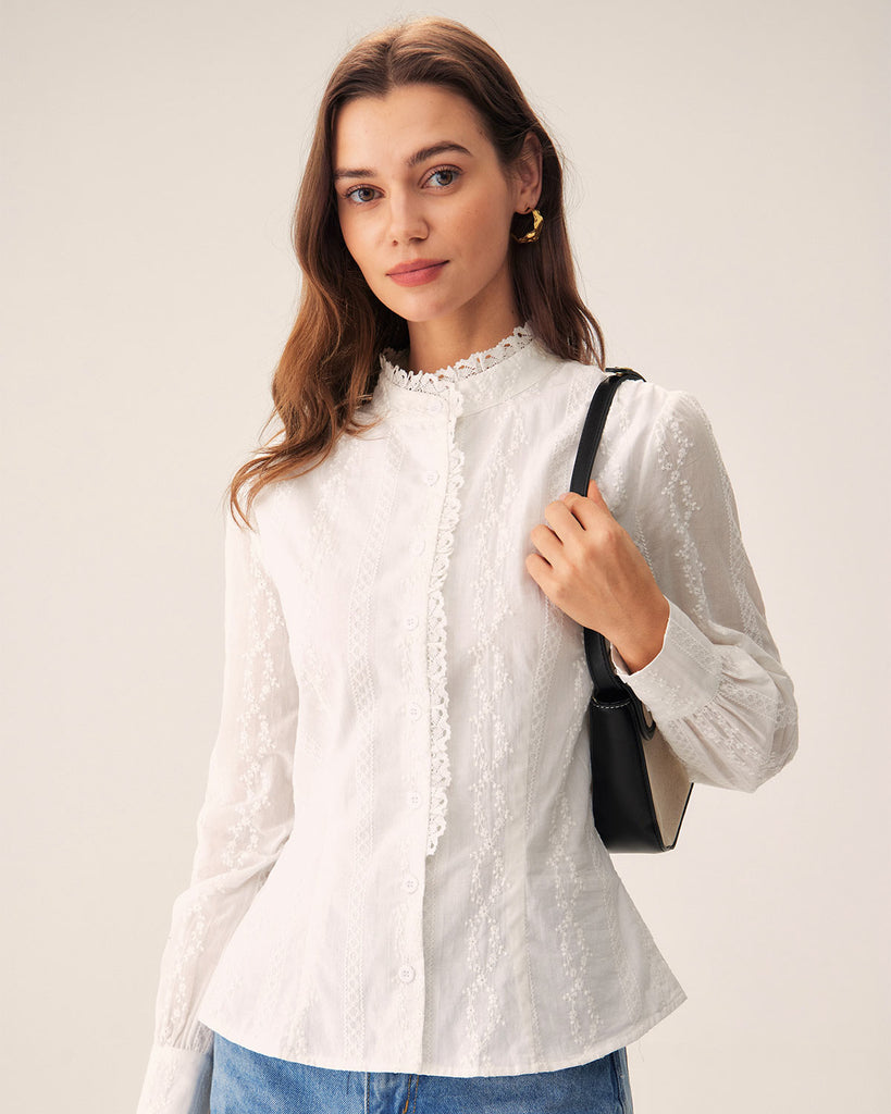 White Embroidery Round Neck Shirt