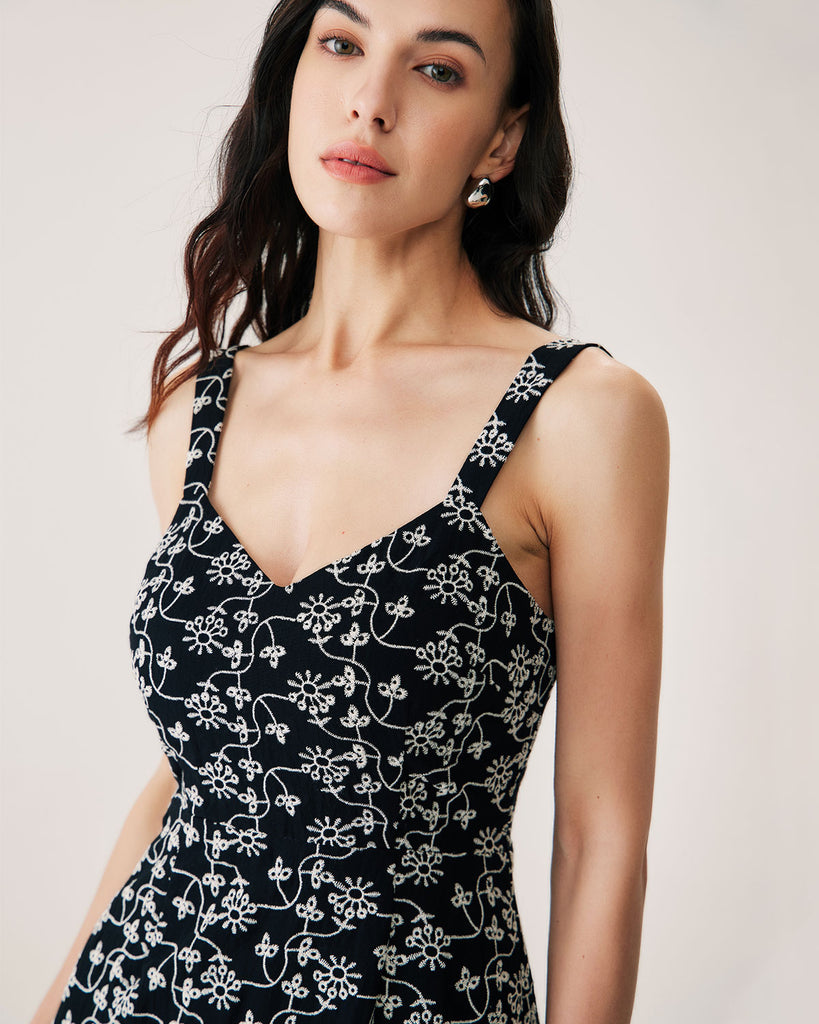 Black Floral Embroidery Slip Midi Dress