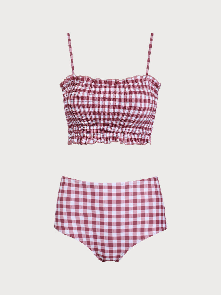 Red Plaid Bandeau Bikini Set