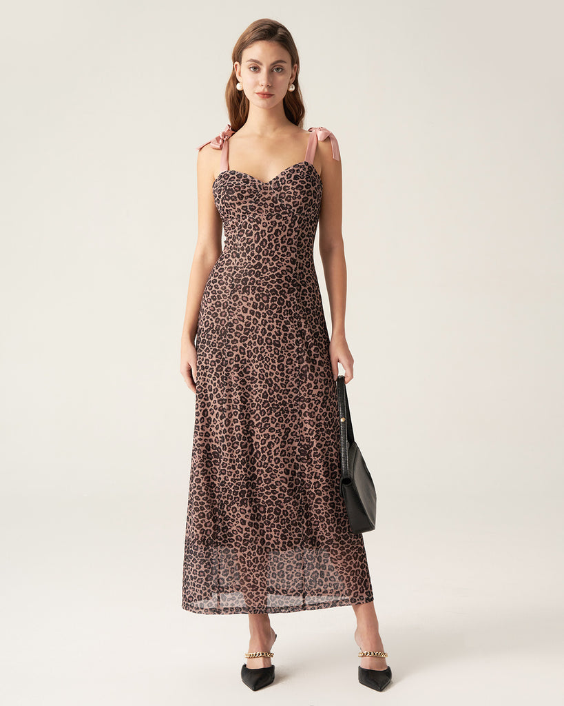 Brown Leopard Sweetheart Neck Slip Midi Dress