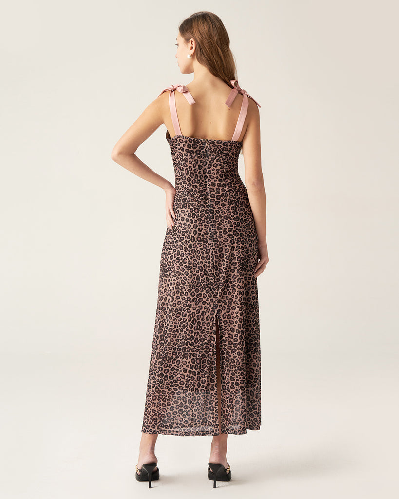 Brown Leopard Sweetheart Neck Slip Midi Dress