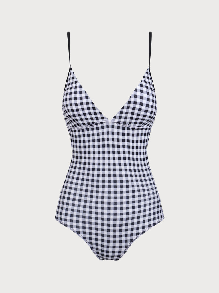 Black Plaid One-Piece Swimsuit