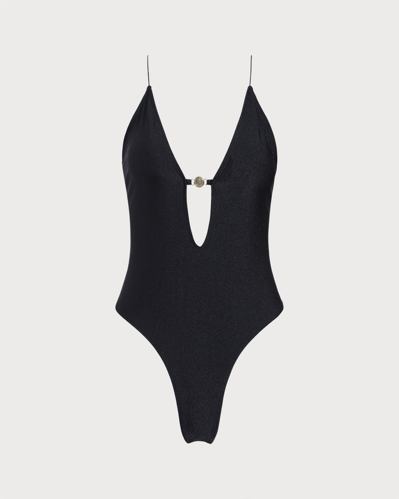 Black V-neck Cutout One-Piece Swimsuit