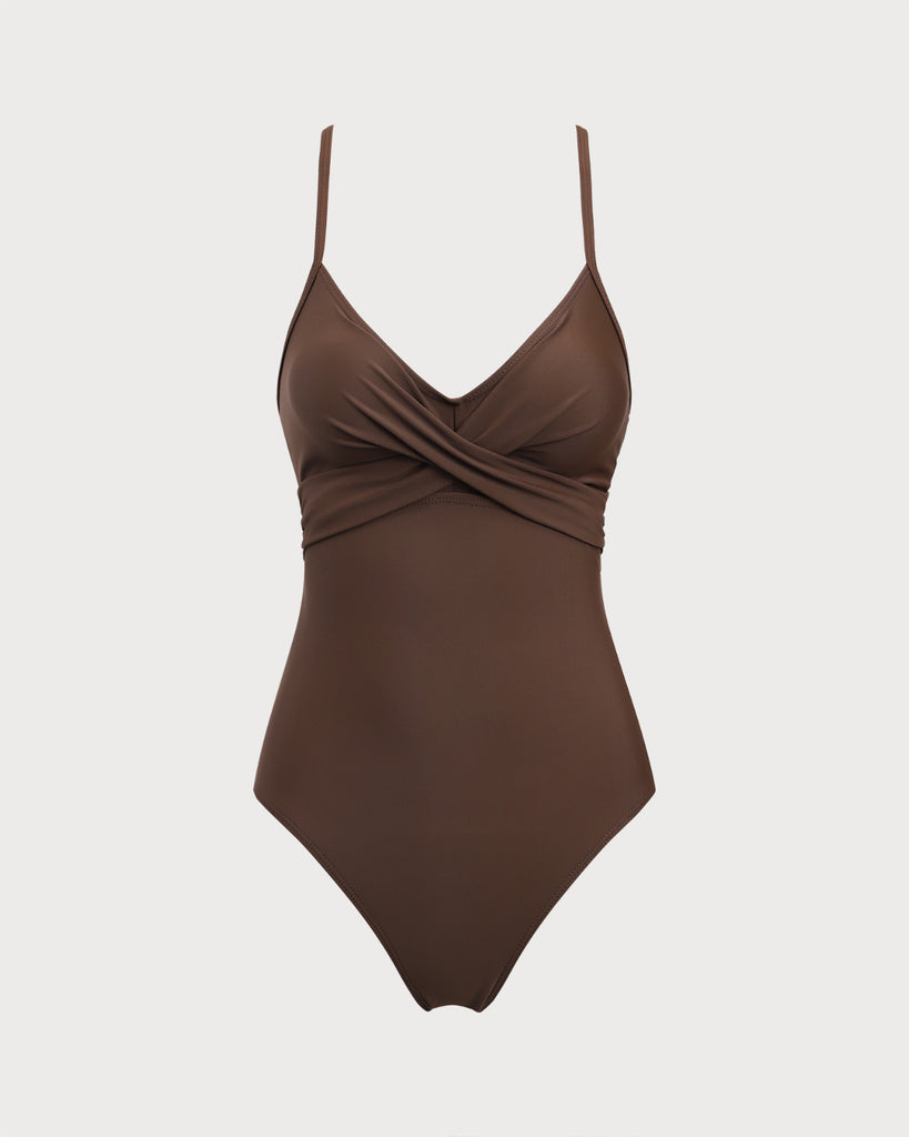 Coffee Scoop Neck X Cross One-Piece Swimsuit