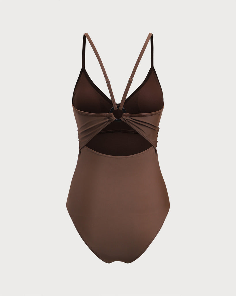 Coffee Scoop Neck X Cross One-Piece Swimsuit