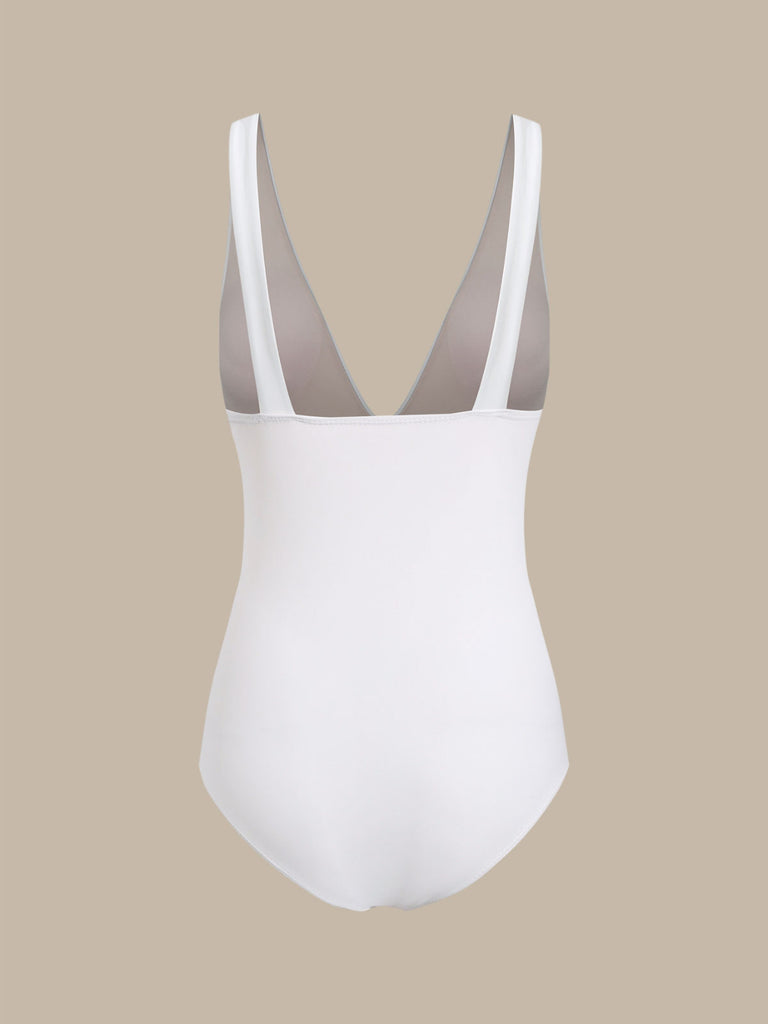 White V-Neck Backless One-Piece Swimsuit