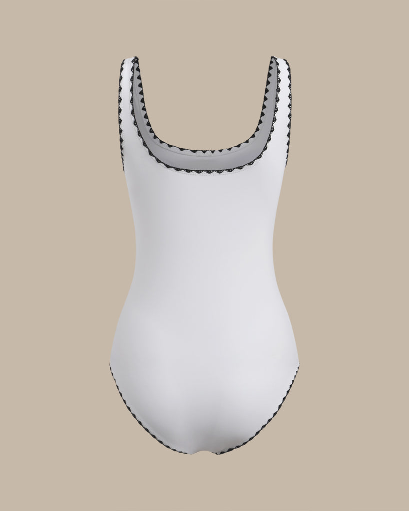 White Contrast U Neck One-Piece Swimsuit