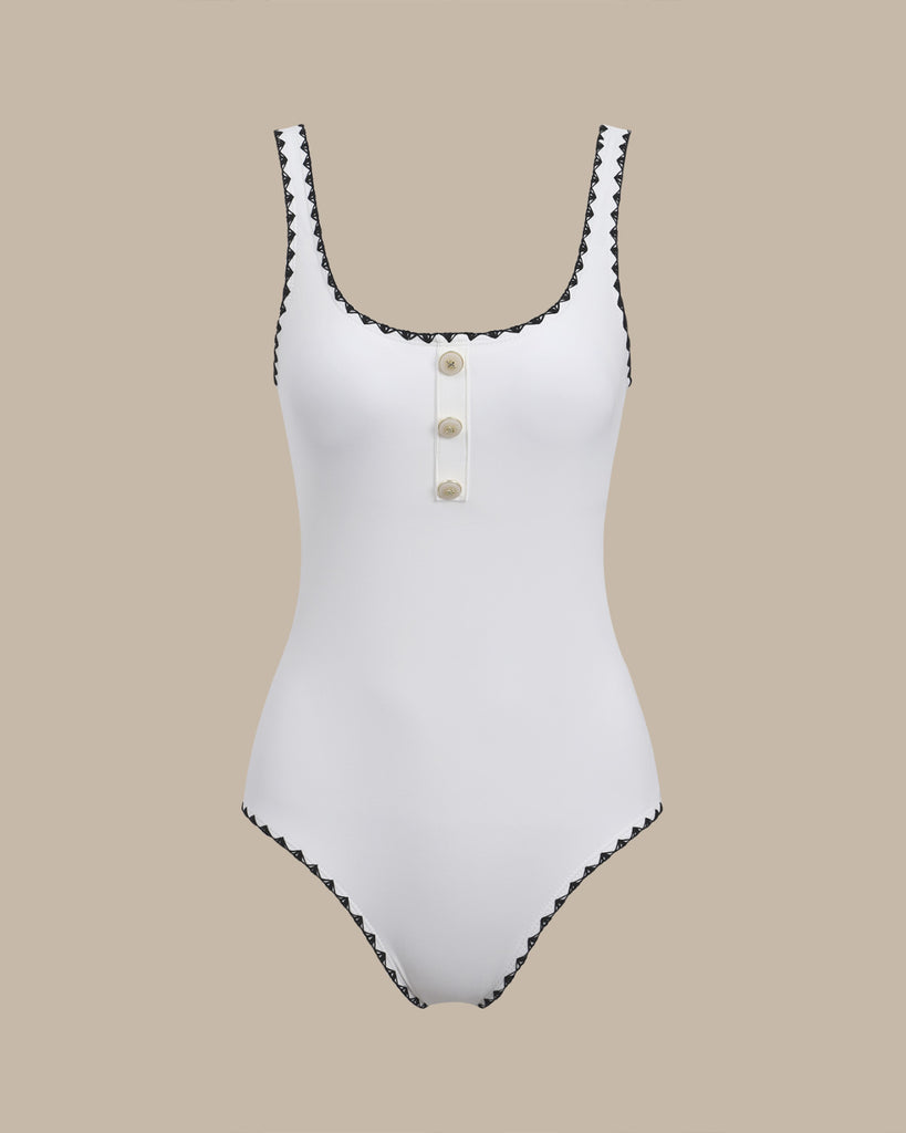 White Contrast U Neck One-Piece Swimsuit