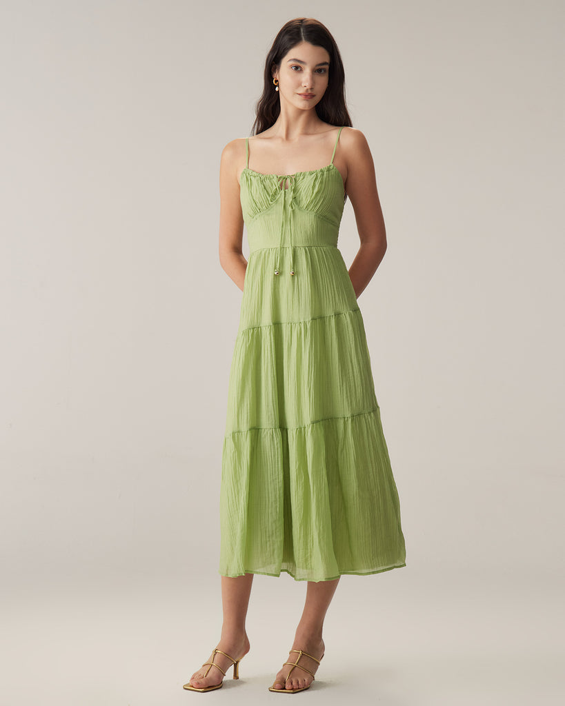 Green Tie Front Slip Midi Dress