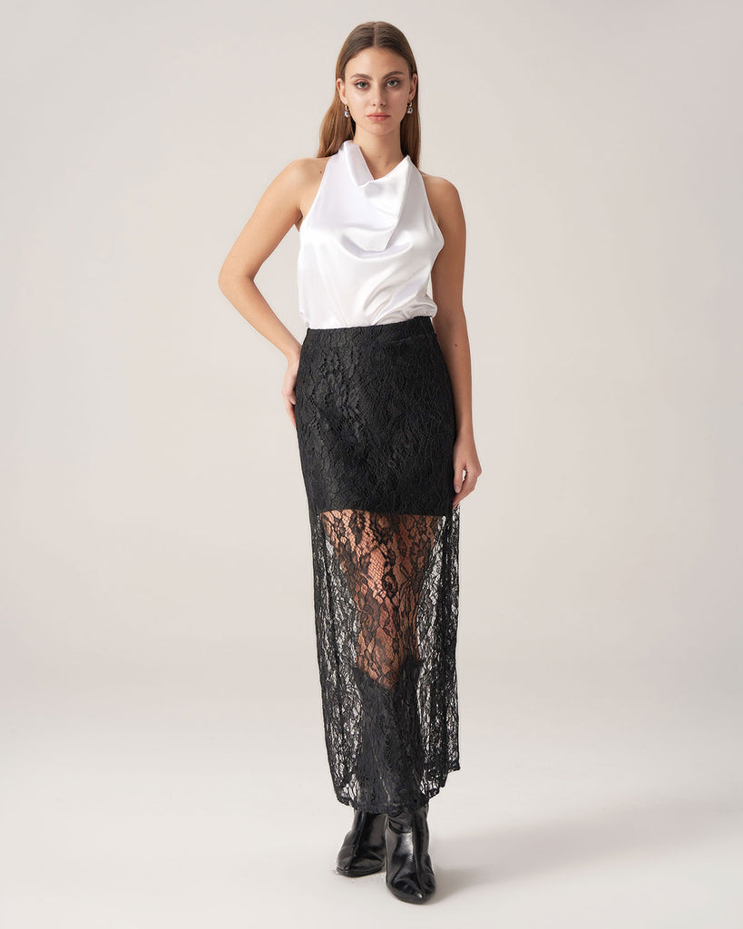 Black Lace Straight Maxi Skirt