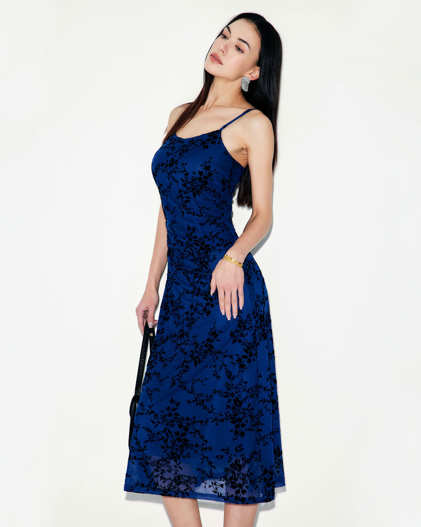 Blue Floral Mesh Slip Maxi Dress