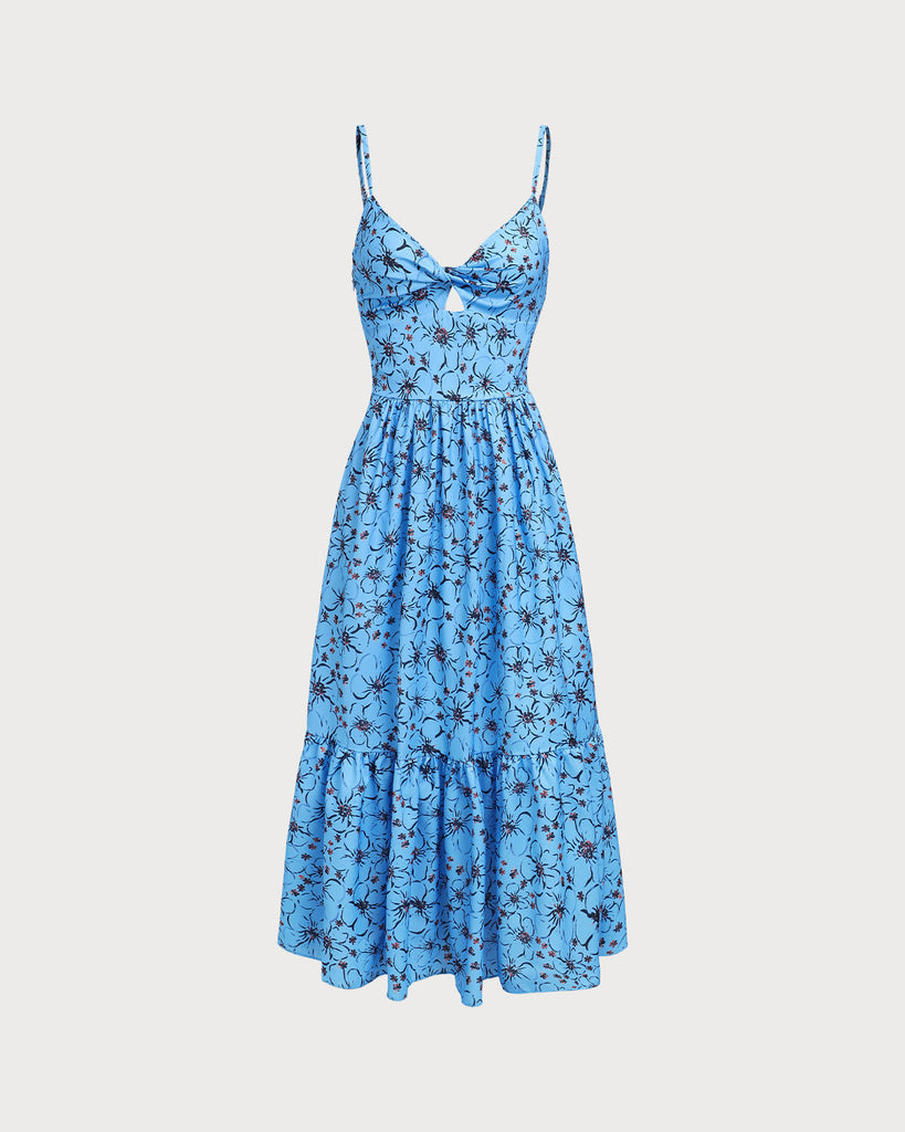 Blue Floral Shirred Slip Maxi Dress