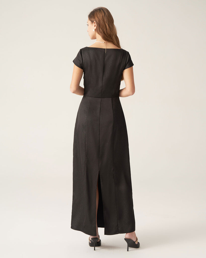 Black Square Neck Cap Sleeve Maxi Dress