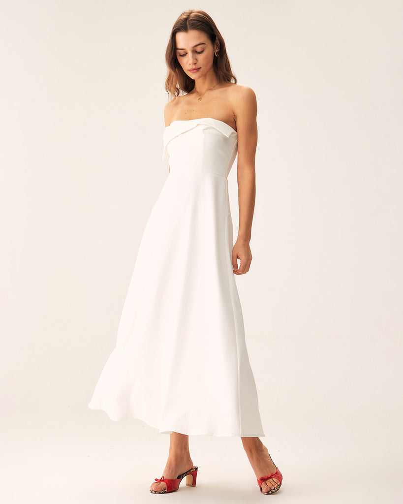 White Strapless Pleated Backless Maxi Dress