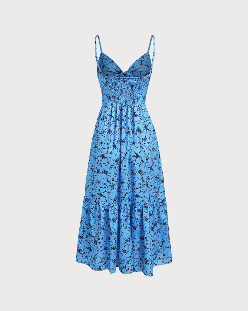 Blue Floral Shirred Slip Maxi Dress