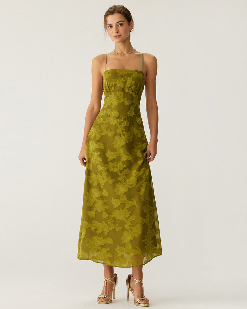 Green Floral Ruched Backless Slip Maxi Dress