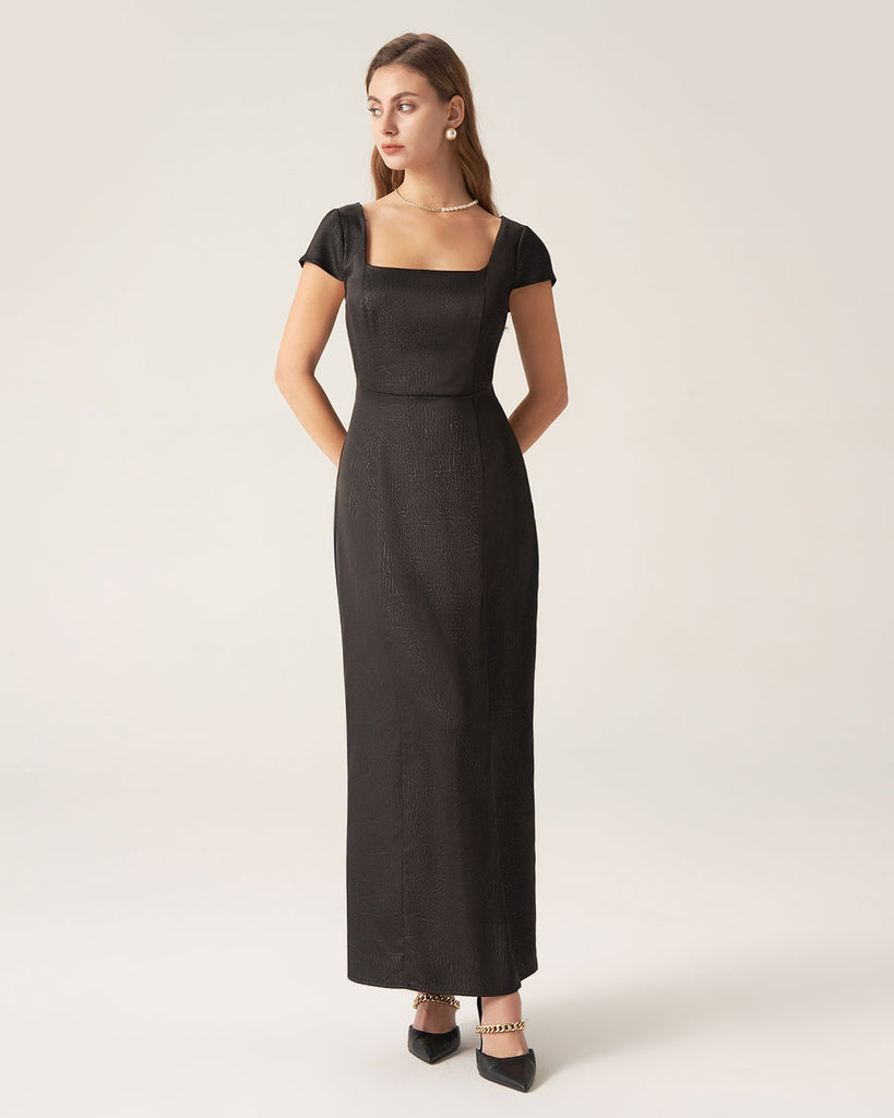 Black Square Neck Cap Sleeve Maxi Dress