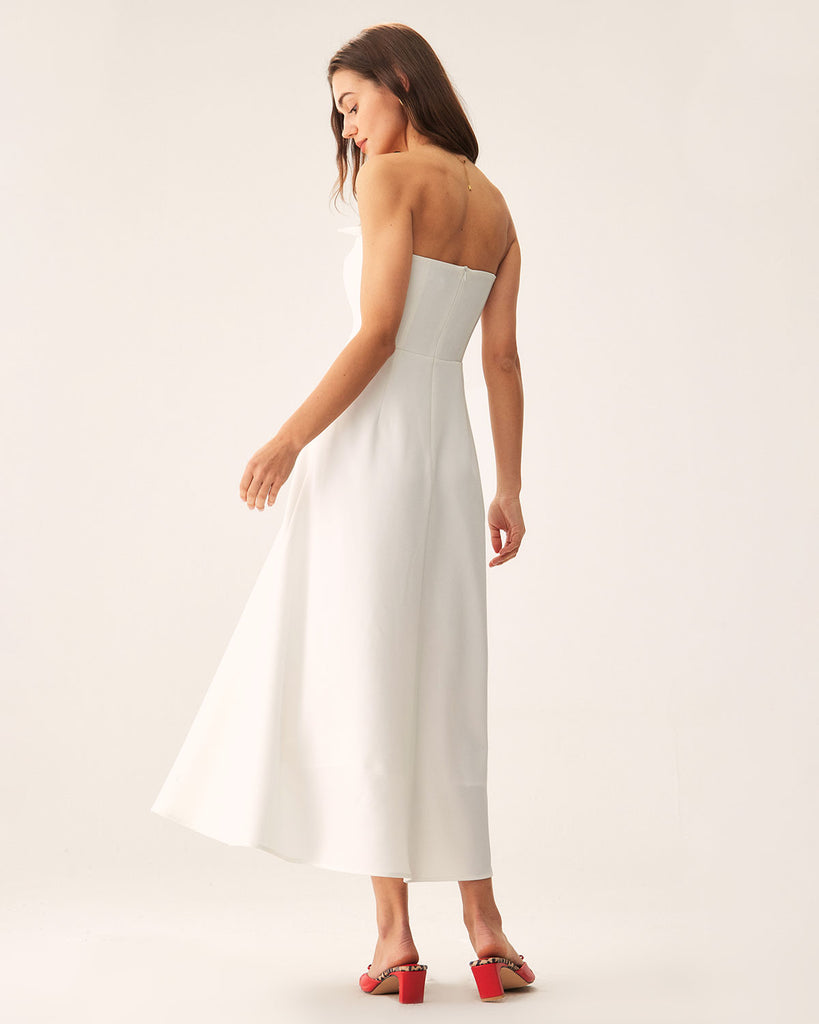 White Strapless Pleated Backless Maxi Dress