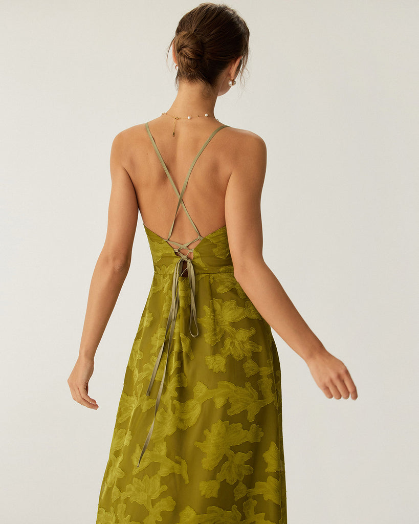 Green Floral Ruched Backless Slip Maxi Dress