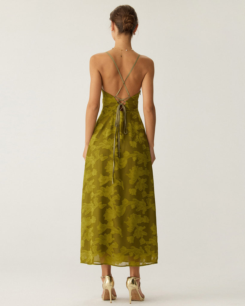 Green Floral Backless Slip Maxi Dress