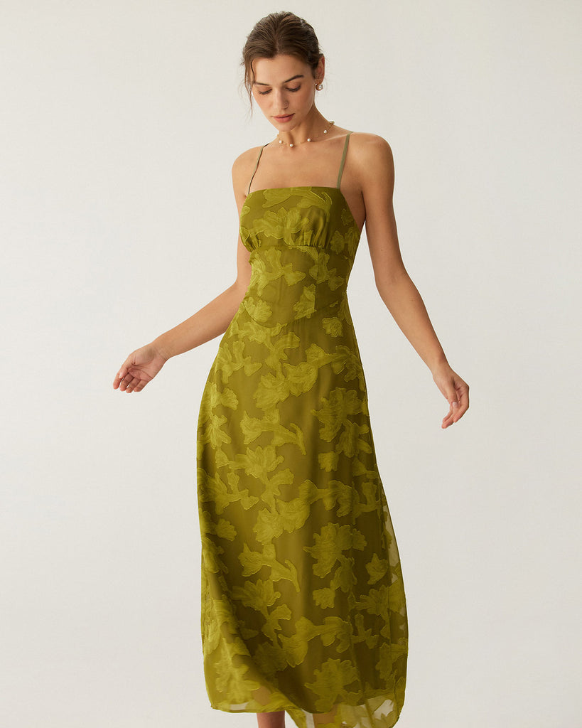 Green Floral Ruched Backless Slip Maxi Dress