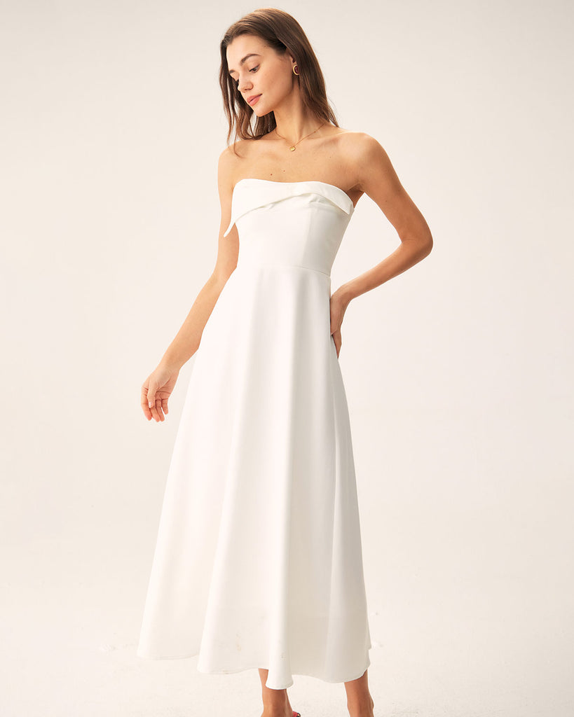 White Strapless Pleated Backless Maxi Dress