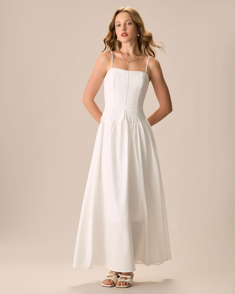 Women's Woven Polyester Maxi Dress White Dresses - RIHOAS