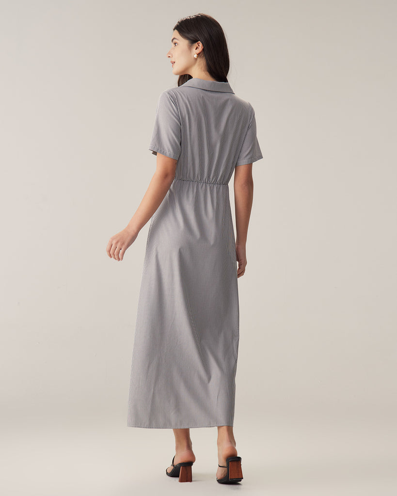 Grey Striped Cut-out Midi Dress