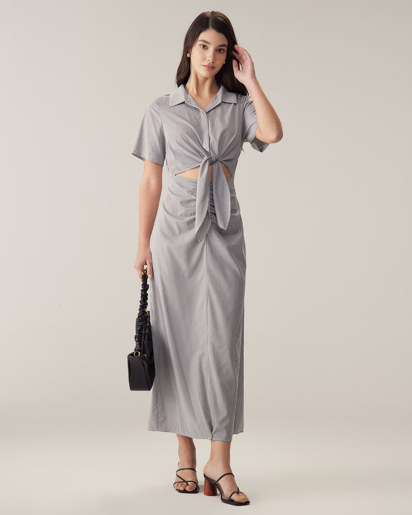 Grey Striped Cut-out Midi Dress