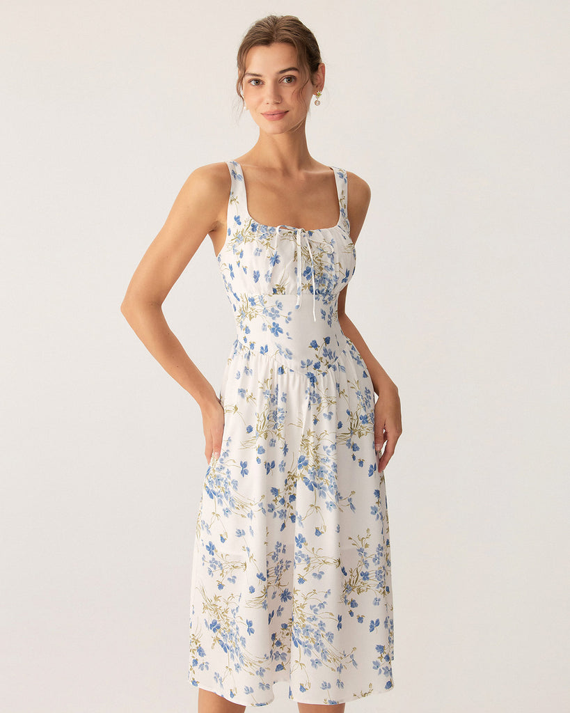 Blue Floral U Neck A-Line Midi Dress - RIHOAS