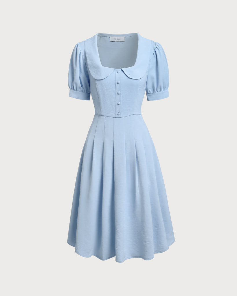 Blue U Neck Puffed Sleeve Pleated Midi Dress - RIHOAS