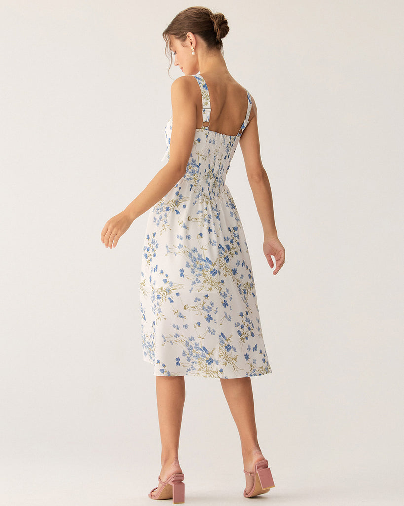 Blue Floral U Neck A-Line Midi Dress - RIHOAS