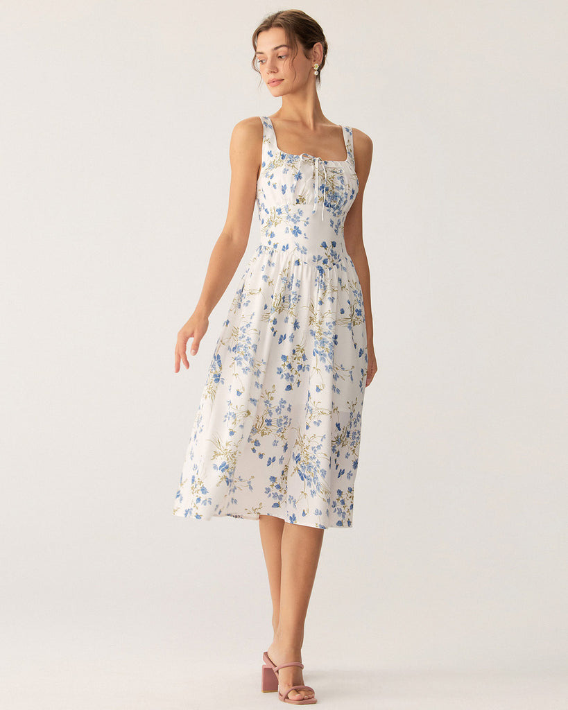 Blue Floral U Neck A-Line Midi Dress - RIHOAS