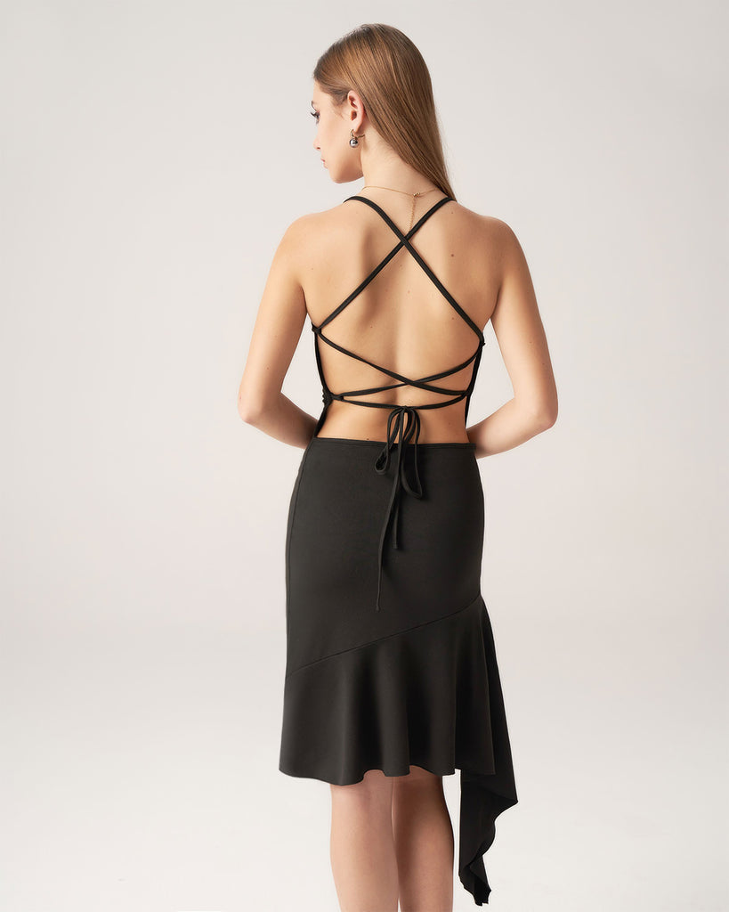 Black Ruffle Backless Midi Dress