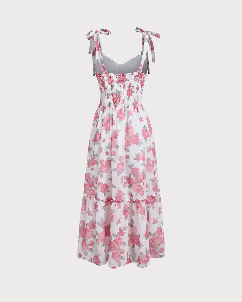 Pink Floral Shirred Tie Strap Midi Dress